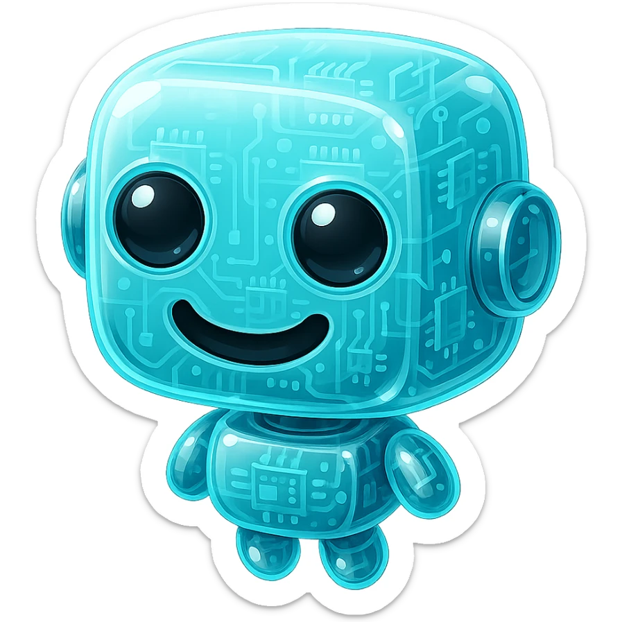 Recolor this robot in glossy circuit style with the main color #6fe8f3 cyan, maintaining its cute expression and style, without background. sticker