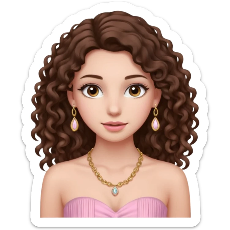 crée moi une jeune fille très belle avec les cheveux bouclés long brune avec un top  sans manche ni brettelles juste un 'bandeau' de couleur rose clair avec un peu de maquillage et des beauxcils un collier en or sticker