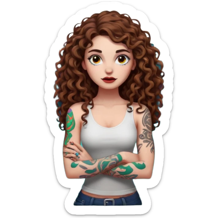 full body view of a woman with long curly brown hair, brown eyes, white skin, tattoos, arms crossed, eyebrow raised, neon forest chaos behind her sticker