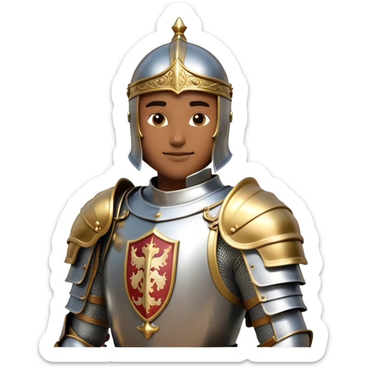 Clash of Clans aesthetic: Beautiful and Majestic Knight Portrait Emoji, Rendered in serene valor with a gentle, confident smile and regal bearing, showcasing a refined, elegantly armored form with polished heraldic accents and softly closed eyes in natural skin tone, Simplified yet exquisitely endearing features, highly detailed, glowing with a soft, majestic light, high shine, calm and heroic, stylized with an air of timeless chivalric grace, soft glowing outline, capturing the essence of a majestic knight whose noble spirit inspires epic quests! sticker