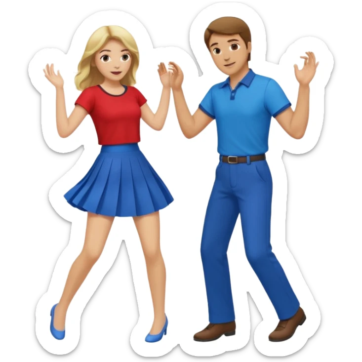 Two people dancing. Man in red shirt and pants with brown hair. Women in blue shirt and skirt with blond hair. sticker