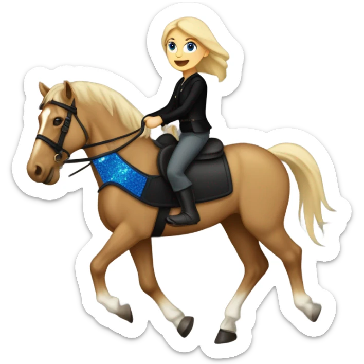  A Palomino horse running with a black sequin rug on his back and a whit rider girl brown hair blue eyes on his back without a helmet dressed in black pants and a vest   sticker