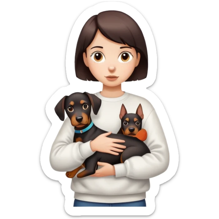A short-haired girl in a white sweatshirt is holding a big Doberman dog sticker