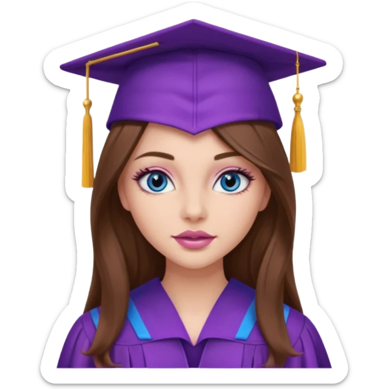 girl with gorgeous long brown hair, blue eyes, long lashes makeup, sexy pink lips, wearing a purple graduation cap and gown sticker