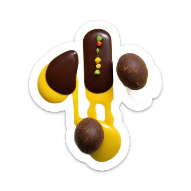 1 Chocolate quenelle and 1 vanilla quenelle on a fine dining glass plate with 3 small drops of yellow sauce as decoration sticker