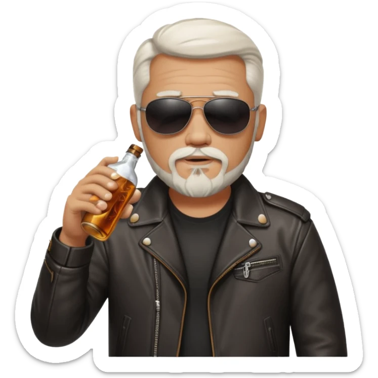 Un motero de perilla blanca tipo Quijote, gafas oscuras chupa de cuero y bebiendo de una botella de Jack Daniel's. sticker