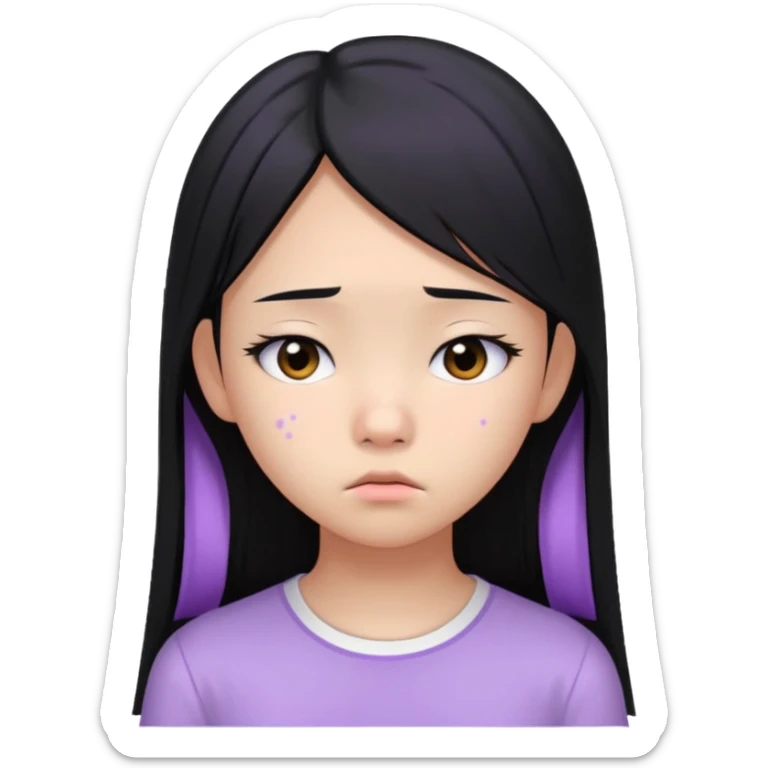 Asian teen girl with long straight black hair, wearing a lilac bando and a white shirt, sad expression, visible breakout and acne on her cheek sticker
