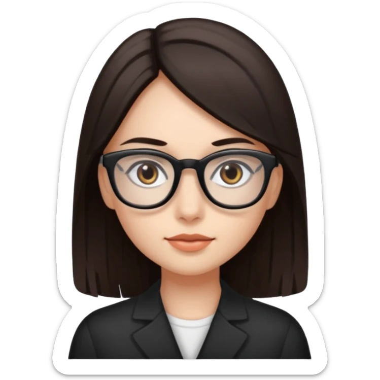 A girl with fair skin and dark brown eyes. Long, straight, dark brown hair. Black prescription glasses. sticker