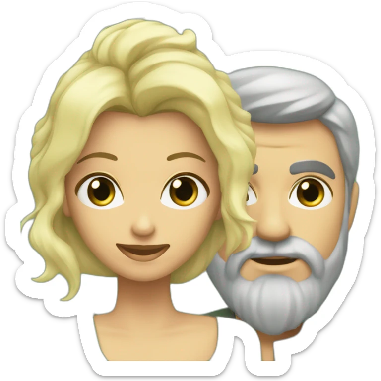 Mujer rubia con pelo ondulado y ojos verdes junto a hombre de pelo y barba gris y ojos verdes sticker