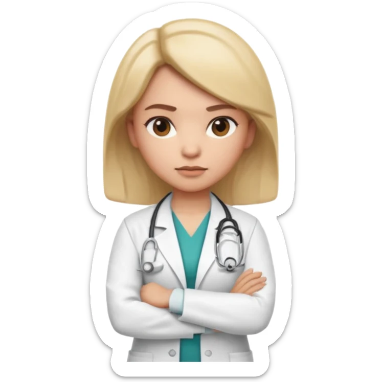 3D memoji style female doctor in medical coat, arms crossed, serious but calm expression, slightly raised eyebrow, professional look, centered, isolated, PNG, transparent background sticker
