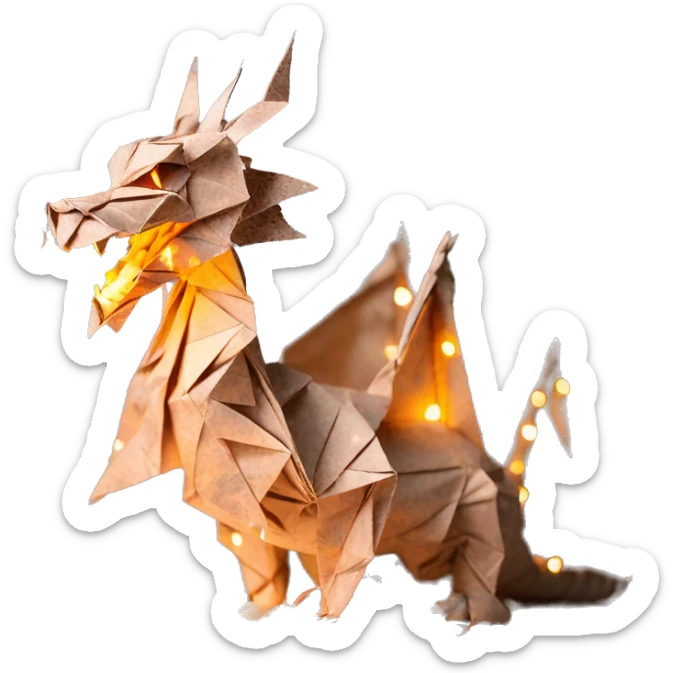 Beige Origami dragon made of newspapers on fire surrounded by fairy lights swirls covered in dried flowers bokeh library bunting floral flowers fire flames sticker