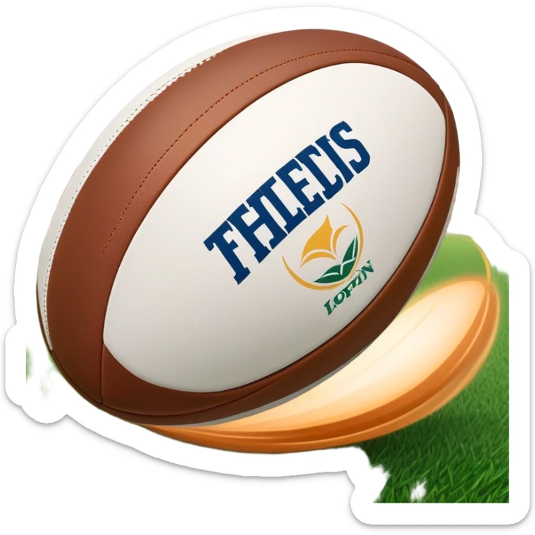 Cinematic Realistic image of a rugby ball in mid-action, with dynamic motion blur and finely rendered leather textures, set against a sunlit, energetic field that underscores its robust athleticism sticker