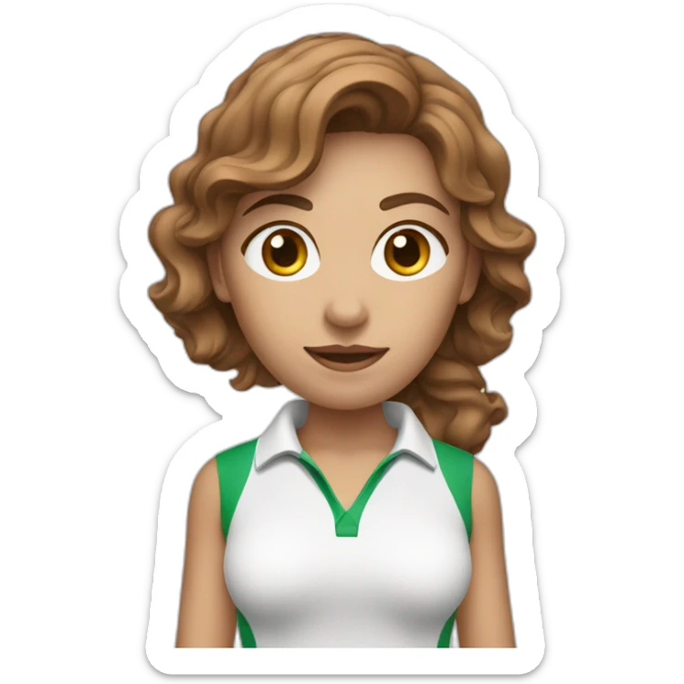 female with brown wavy hair dressed in golfwear holding golf ball sticker