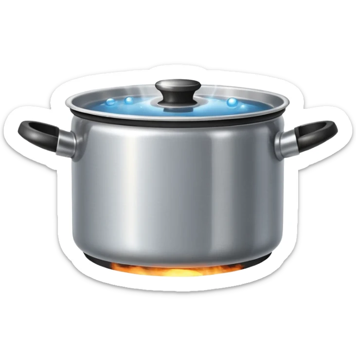 small metal pot filled with boiling water on a stove, visible hot steam and rising bubbles, realistic heat effect, shiny pot surface, bright lighting, clean white background sticker