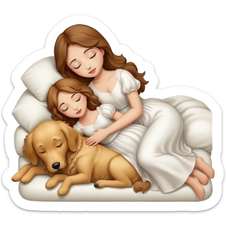 a girl with brown hair, light skin, and wear a white dress sleep on a golden retriever dog sticker