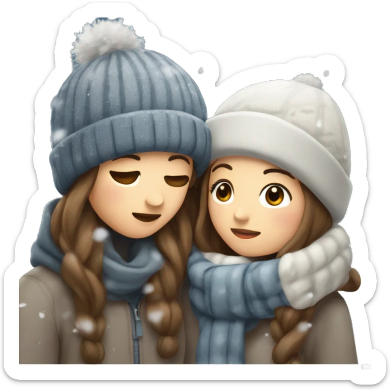 cute couple kissing under the snow in winter clothes, the girl has long brown hair sticker