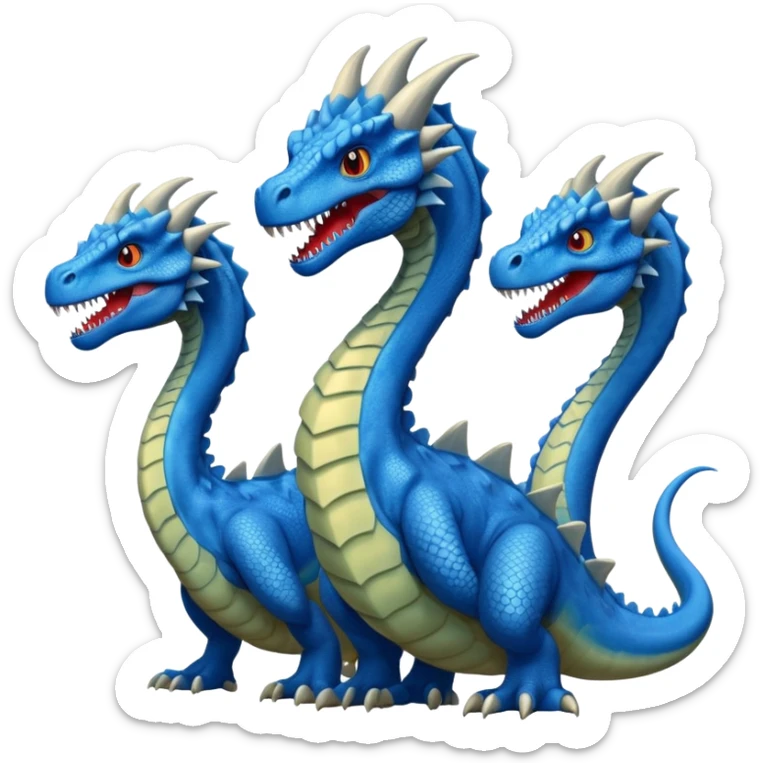 blue hydra, strong reptilian body, like a dinosaure, not like a snake, dragon characteristics,  with 3 heads rising from its neck sticker