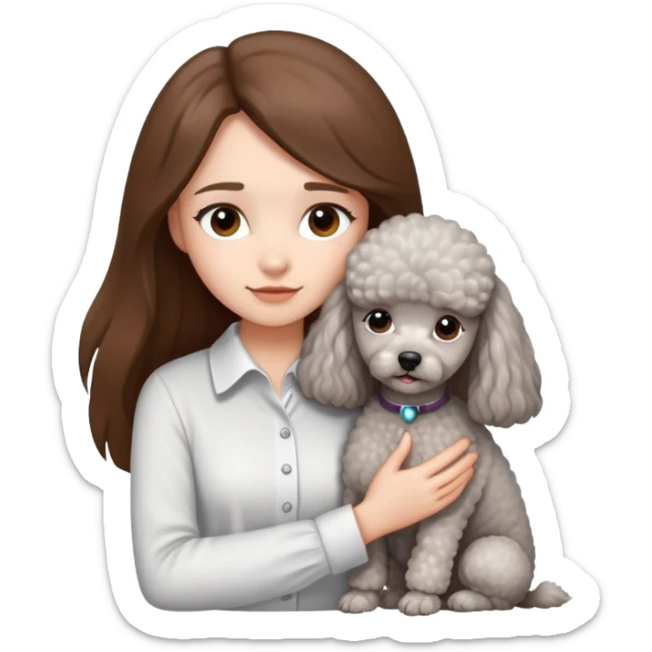 A girl with long straight hair and a white shirt hugs a small light gray poodle sticker