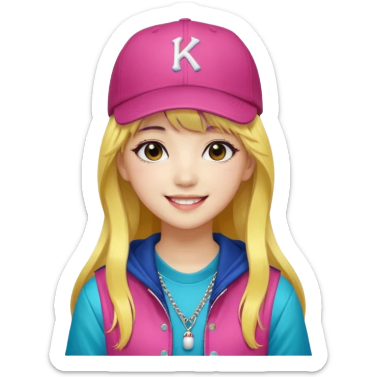 Portrait of a female K-pop idol, wearing a stylish streetwear outfit with layered colorful clothing, long hair with bangs, makeup,  sticker