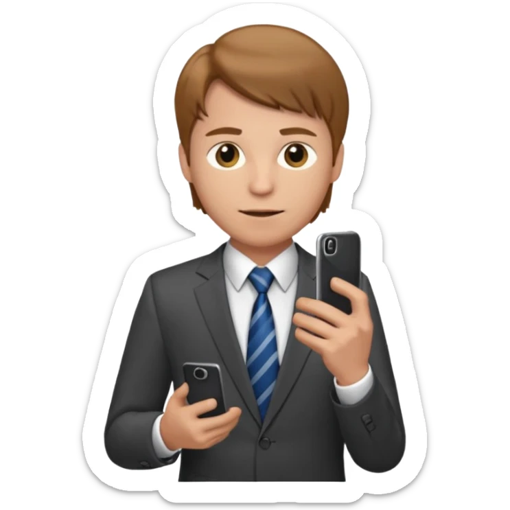 Un hombre con poca barba,  de traje con tez clara pelo color castaño, vestido con traje camisa y corbata y celular en mano .  sticker