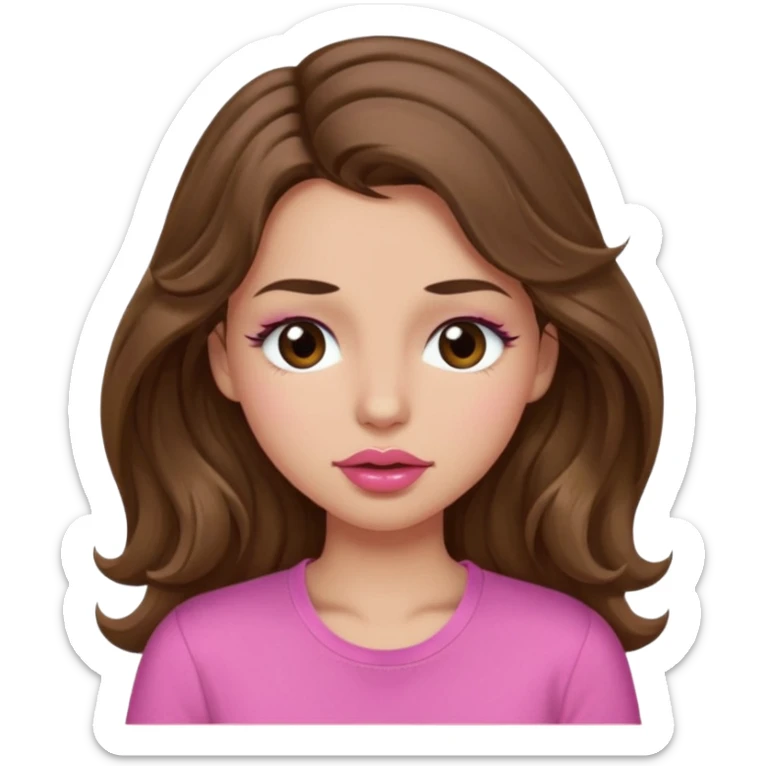 girl with long wavy brown hair, brown eyes, light to medium complexion, in a pink shirt, pink lips, long lashes, puckering lips kissing, winking with one eye closed sticker