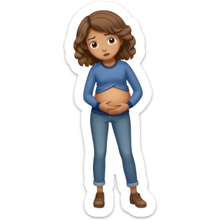 Girl with curled brown medium length hair with stomach ache full body and dully clothed sticker
