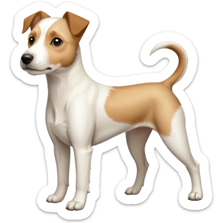 a full body buff white parson russell terrier looking dog the size of a kelpie with light brown long ears and a light brown patch on one eye and a large snout. the rest of the dog is completely white. forward facing sticker