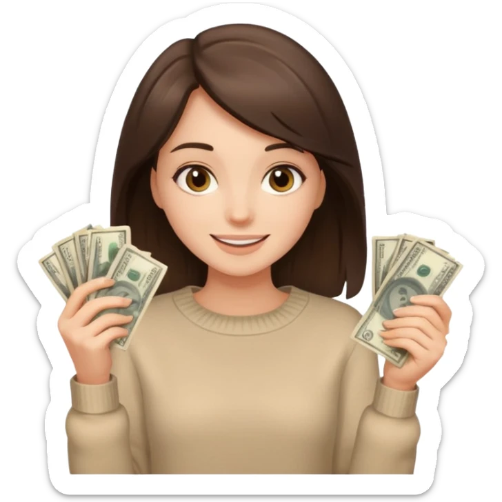 brunette girl in beige sweater happy with money in hands sticker