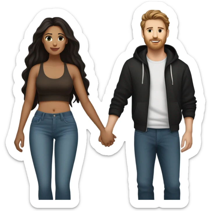 latina woman with very dark brown hair wearing baggy jeans and a crop top with hooped earrings holding hands with a caucasian man with spiky brown hair wearing a black hoodie with baggy jeans sticker