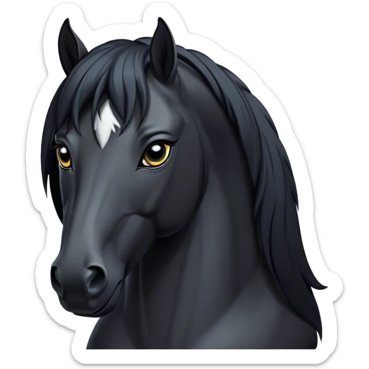 Cinematic Noble Black Horse Portrait Emoji, Poised and regal, with a strong, athletic build and a sleek, well-groomed jet-black fur, deep-set soulful dark eyes, Simplified yet sharp and sophisticated features, highly detailed, glowing with a soft, dignified glow, high shine, intelligent and commanding, stylized with an air of mysterious grace, focused and attentive, soft glowing outline, capturing the essence of a watchful and confident steed, so majestic it feels as though it could gallop out of the screen with effortless authority! sticker