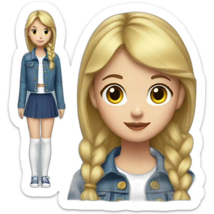 Blonde girl with bang and short pony tail, in blue denim jacket, white T-shirt, green tights and elongated blue chiffon skirt sticker