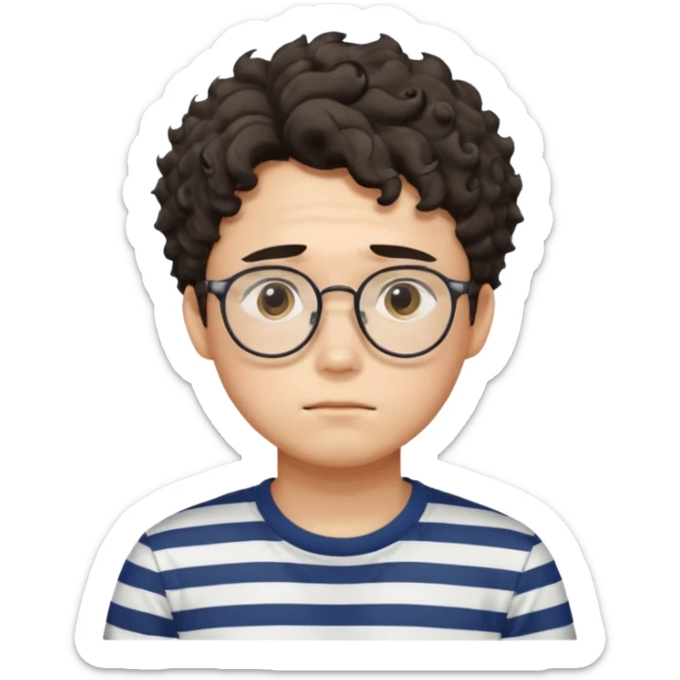  Korean male college student with a worried face , glasses with a bit curly hair, stripe t-shirt sticker
