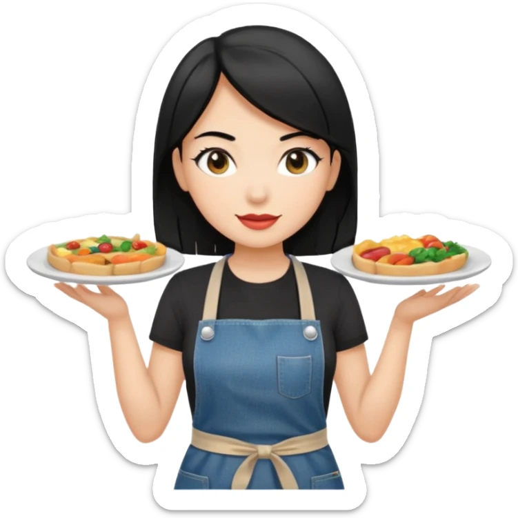 waitress with black hair and a food plate with a black tshirt and ª jeans apron sticker