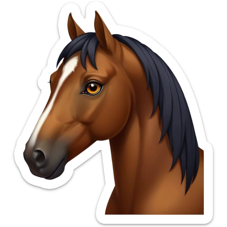 Cinematic Noble Bay Horse Portrait Emoji, Poised and regal, with a strong, athletic build and a rich, well-groomed bay fur accented by a dark mane and tail, deep-set soulful amber eyes, Simplified yet sharp and sophisticated features, highly detailed, glowing with a warm, dignified glow, high shine, intelligent and majestic, stylized with an air of equine elegance, focused and attentive, soft glowing outline, capturing the essence of a watchful and confident steed, so majestic it feels as though it could gallop out of the screen with effortless authority! sticker