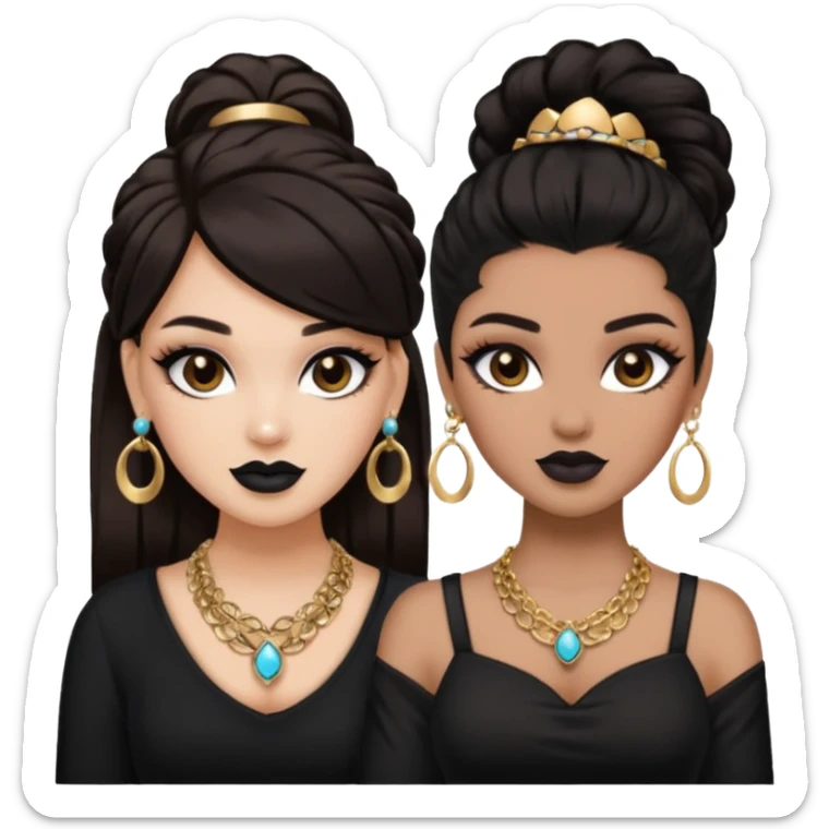 Boujy baddie best friends, trendy heavy makeup both dark hair one light skinned and one mocha brown pretty hair style both wearing black and earrings and necklace  sticker