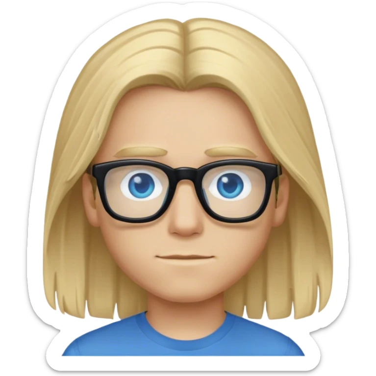 Boy with long blonde hair, blue eyes, black glasses, and a blue shirt  sticker