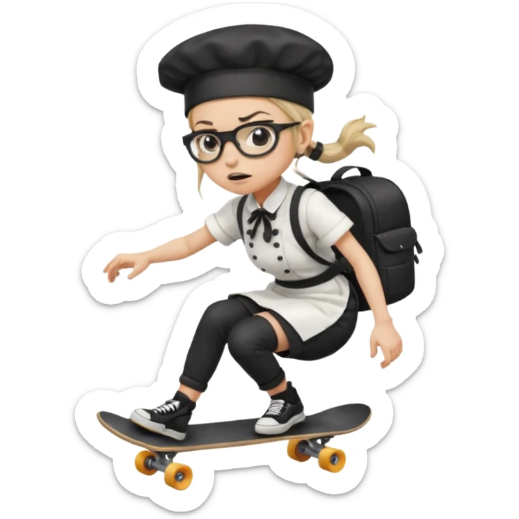 ["An angry woman with light skin, ponytail, wearing a chef hat and square glasses, dressed in goth fashion, is skateboarding while holding a backpack."] sticker