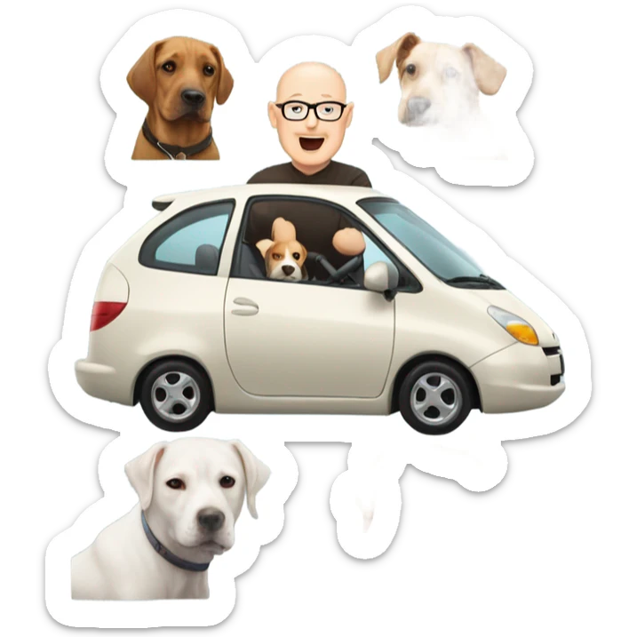 A bald man in his 50s driving a Prius filled with a bunch of dogs sticking their heads out of the windows sticker