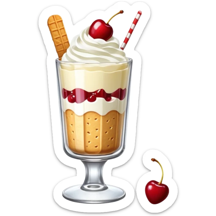 A tall glass parfait with vanilla ice cream, whipped cream, red cherry on top, and biscuit sticks, served in a retro kissaten glass. sticker