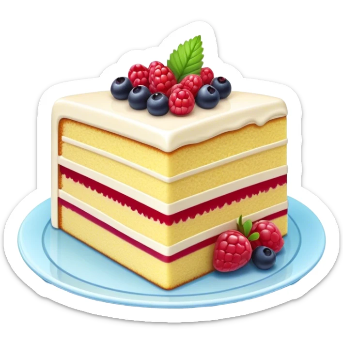 Cinematic luxurious slice of cake, delicate layers of moist sponge and rich frosting, beautifully decorated with fresh berries and a glossy glaze, soft glowing light, elegant and indulgent. sticker