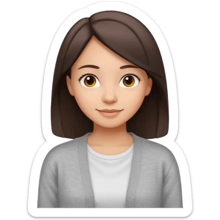The girl has straight medium-length dqrk brown hair, light skin, wearing a white t-shirt and gray cardigan. Gentle smile, friendly neutral expression sticker