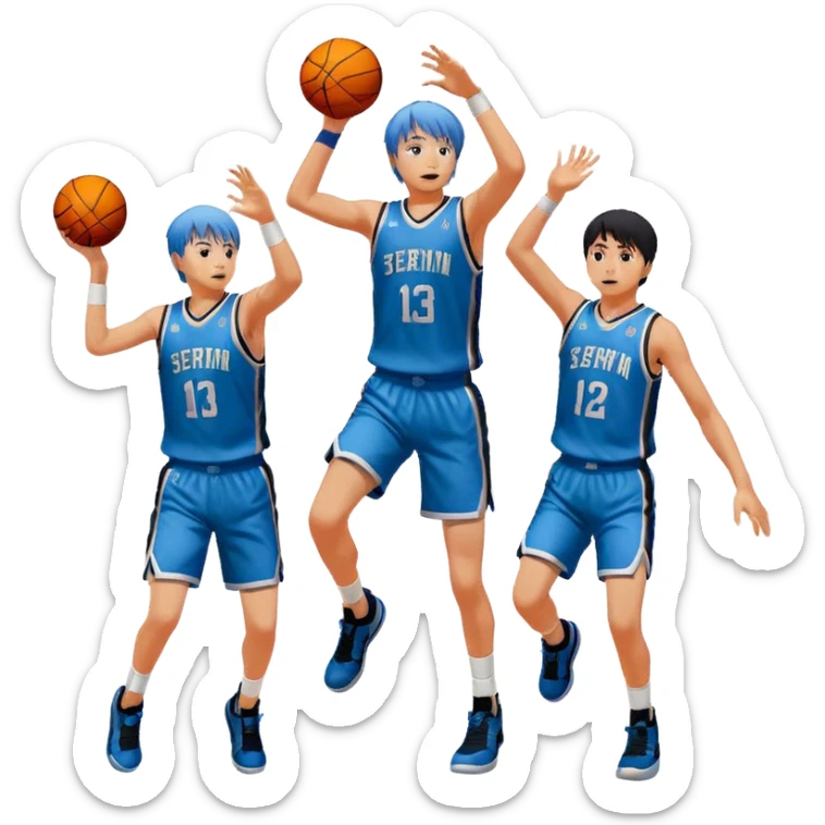 Icon for Kuroko no Basuke: Kuroko Tetsuya with his basketball, surrounded by the Seirin High team and vibrant action scenes on the court. The design should capture the intensity and athleticism of the anime with dynamic poses and energy. Transparent background. sticker