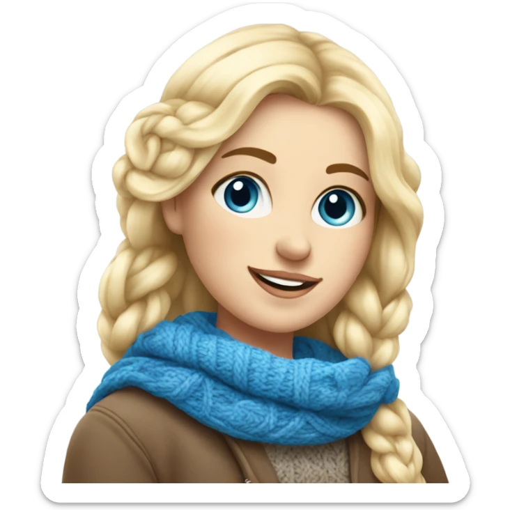beautiful finnish blonde woman with blue eyes knitting scarf with flowers sticker