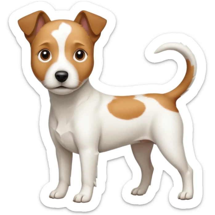 a full body slightly chubby white parson russell terrier looking dog the size of a kelpie with light brown long ears and a light brown patch on one eye and a large snout. the rest of the dog is completely whiteforward facing sticker