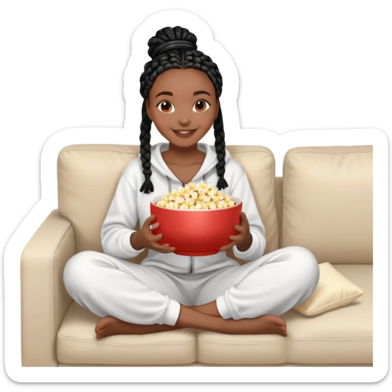 A dark-brown-skinned Black woman with black box braids, holding a large bowl of popcorn in her lap, smiling , wearing comfy loungewear sitting on couch sticker