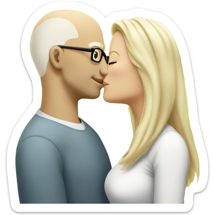 Clean shaven white Bald man wearing glasses kissing a white blonde woman with long hair sticker