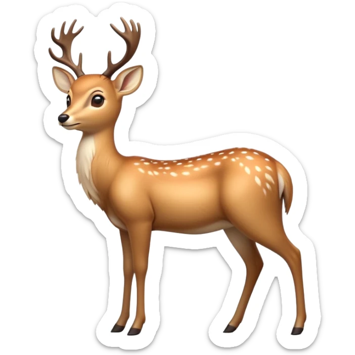 cinematic-[deer]-realistic-full-body-standing on all fours-emoji,-tail-tucked-close,-head-tilted-dramatically,-sleek-[fawn]-fur,-simplified-yet-realistic-focused-features,-highly-detailed,-glowing-with-an-almost-sarcastic-glow sticker