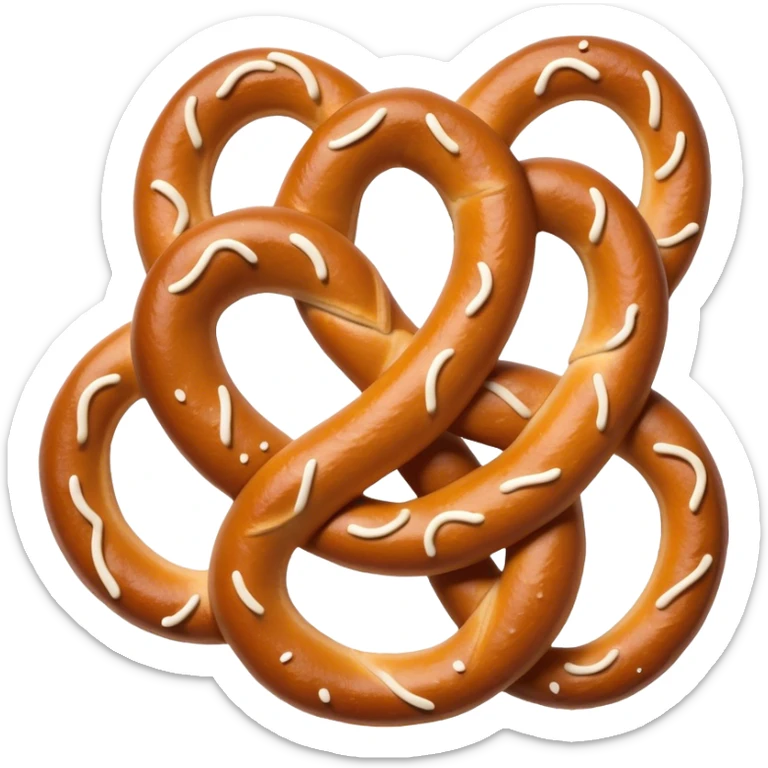 Cinematic Realistic Pretzels Dish Emoji, featuring freshly baked, twisted pretzels with a glossy, salted crust rendered with detailed textures and warm, appetizing lighting. sticker