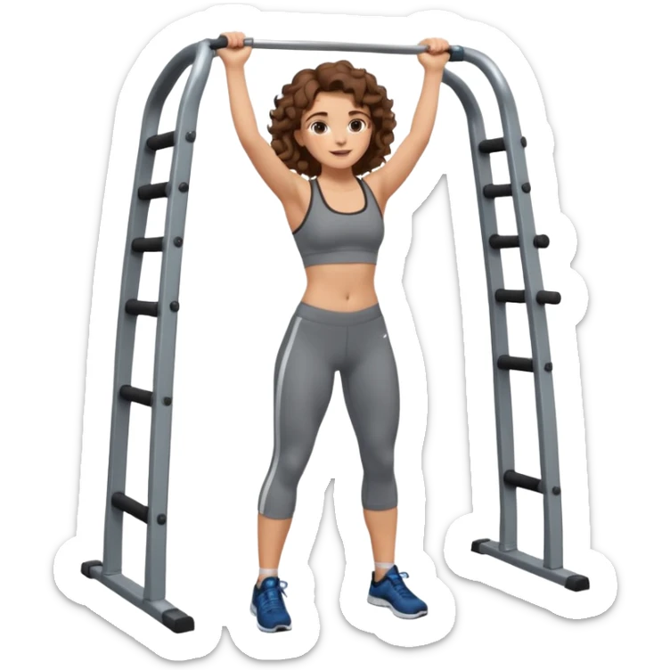 full body, very beautiful italian girl, looking like Emma Watson, with curly and big volume very bright brown hair, workout clothes doing a pullup

 sticker