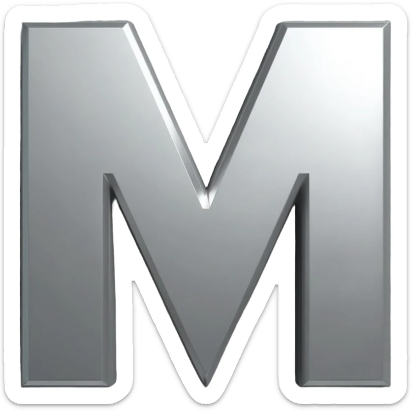 ...Minimalist 3D emoji based on image_e44ce5.png: massive polished chrome geometric 'M' raised metal relief, integrated central on deeply impressed bare heel in rough grey concrete. Harsh shadows, high contrast. Isolated on white --no background sticker